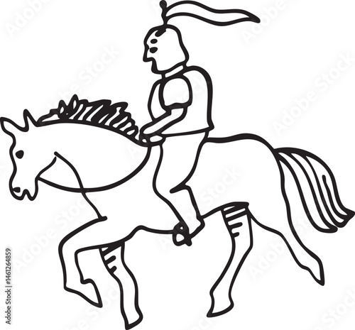 A knight rides a horse across a plain.