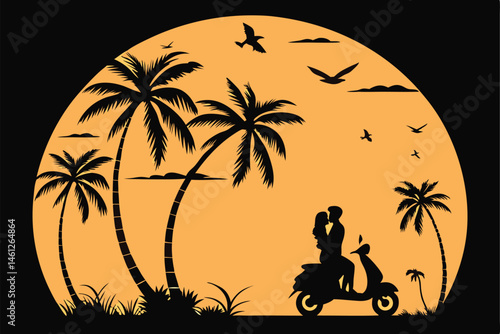 52 Sunset silhouette, tropical beach, palm trees, scooter, couple in love, birds flying, orange sky, black background, minimalist design, circular frame, romantic scene, vector art style, retro poster