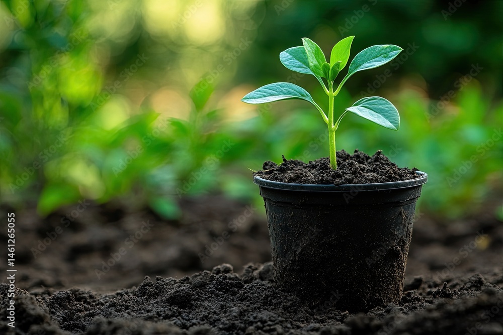 Young plant in pot, rich soil, lush garden