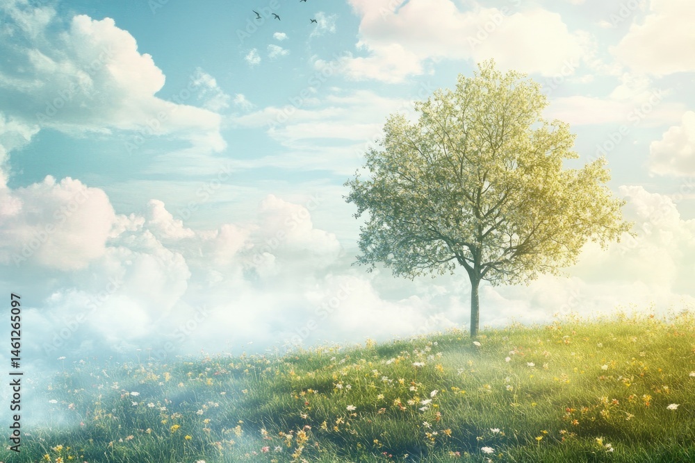 Peaceful spring landscape, solitary tree on a hilltop, fluffy clouds, soft light, and gentle mist