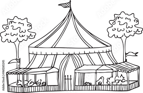 A black and white of a festive circus tent under a clear sky.
