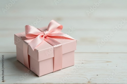 A delicately tied pink ribbon adorns a light pink gift box, resting on a subtly textured wooden surface.