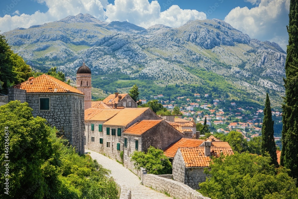 Picturesque hillside village nestled amid towering mountains under a vibrant blue sky