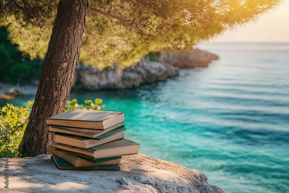 Stack of books by a tree on a cliff overlooking the sea. Sunlight filters through the leaves