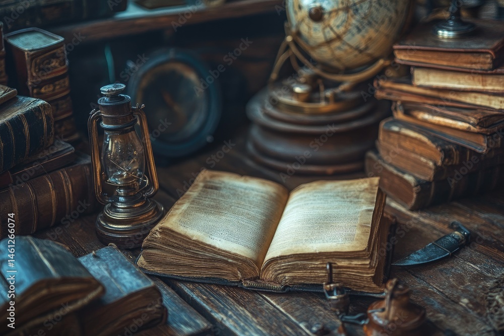 Antique books and a lamp on a wooden table