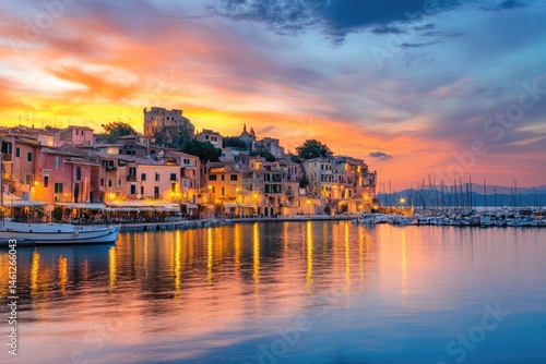Vibrant sunset over a Mediterranean town