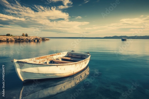 Tranquil lake scene with small boat