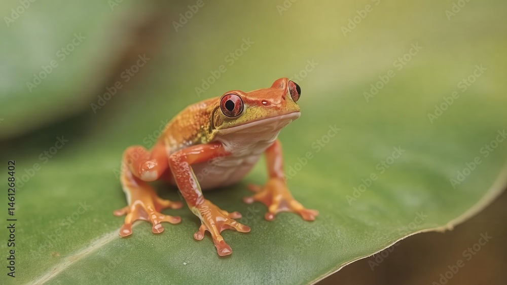 Obraz premium A vibrant orange frog with striking red eyes sits perched on a lush green leaf in a tropical rainforest.