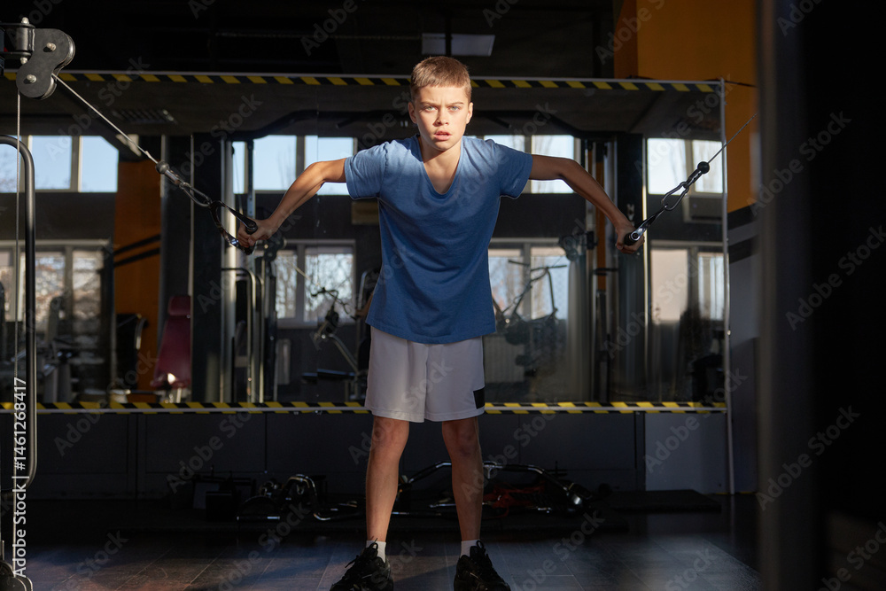 Teenage boy doing exercise using cross over stationery gym machine