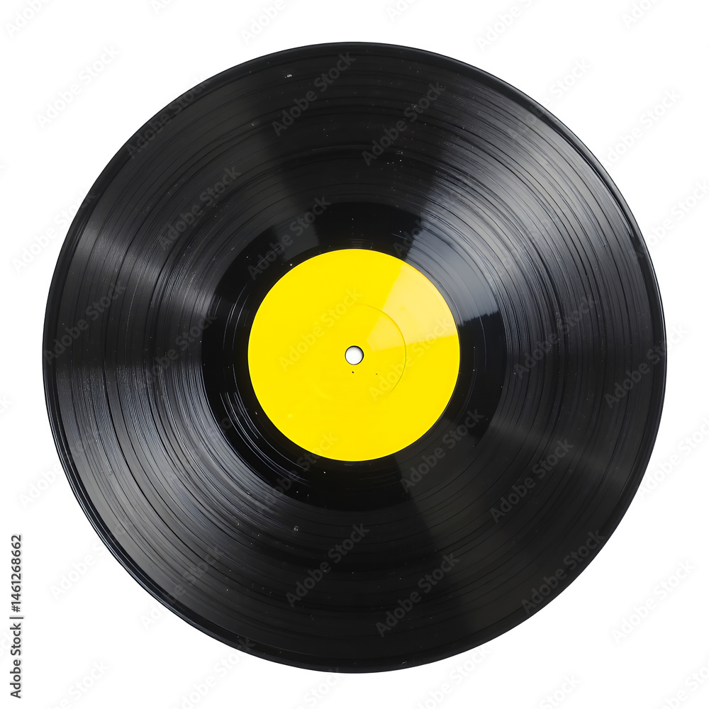 Obraz premium A black vinyl record, with a yellow label. isolated on transparent background