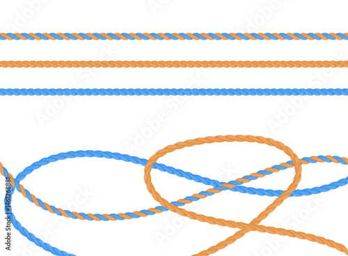 Ropes. Set of blue and yellow 3D twisted threads. Realistic vector illustration on white background.