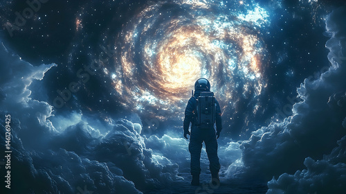 Astronaut contemplates a swirling nebula in the cosmos.