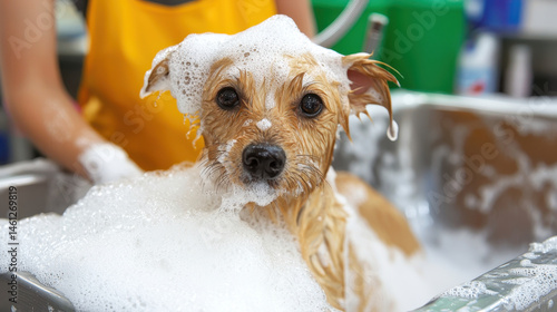 Adorable dog getting bath with bubbles in grooming salon, showcasing playful and clean atmosphere