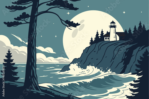 54 Night ocean scene, giant full moon, crashing waves, rocky cliff, silhouetted pine trees, starry sky, wispy clouds, dramatic lighting, vibrant colors, digital illustration style, panoramic view, ser