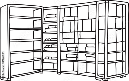 A black wire shelving unit displays numerous open storage baskets.