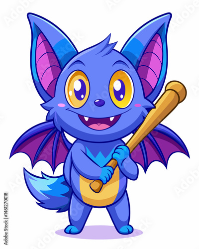 Adorable Blue Bat Cartoon Character Holding a Baseball Bat