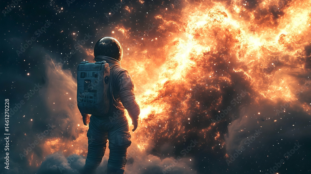 Obraz premium Astronaut confronts a cosmic fiery nebula.