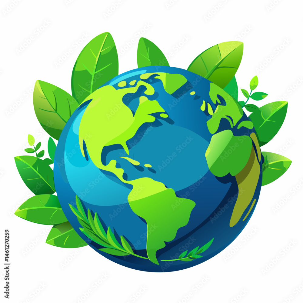 Green Earth Globe Surrounded by Lush Leaves Environmental Conservation Green Earth Globe Surrounded by Lush Leaves Environmental Conservation