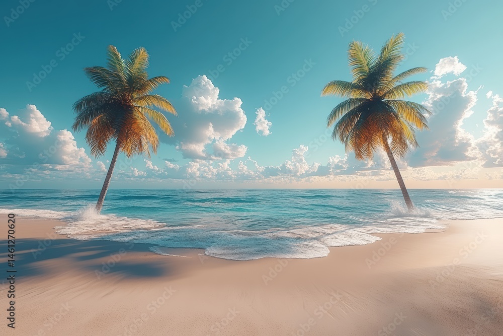 Obraz premium Tropical beach paradise with palm trees and gentle waves at sunset
