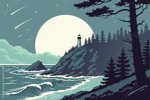 54 Night ocean scene, giant full moon, crashing waves, rocky cliff, silhouetted pine trees, starry sky, wispy clouds, dramatic lighting, vibrant colors, digital illustration style, panoramic view, ser
