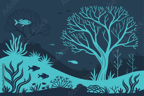 55 Underwater scene, coral reef, stylized trees, neon blue colors, dark background, bioluminescent fish, layered waves, surreal landscape, digital art, minimalist design, ocean floor, aquatic vegetati