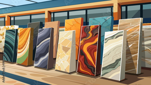 Polished slabs of granite and marble stone on display, countertops, flooring, wide