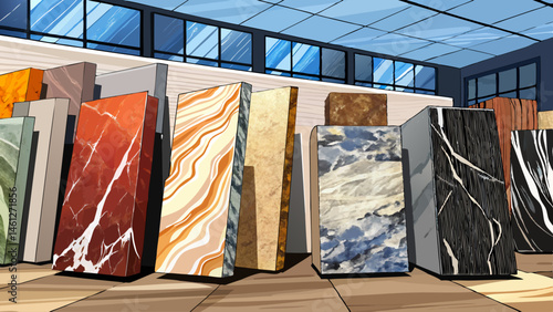 Polished slabs of granite and marble stone on display, countertops, flooring, wide