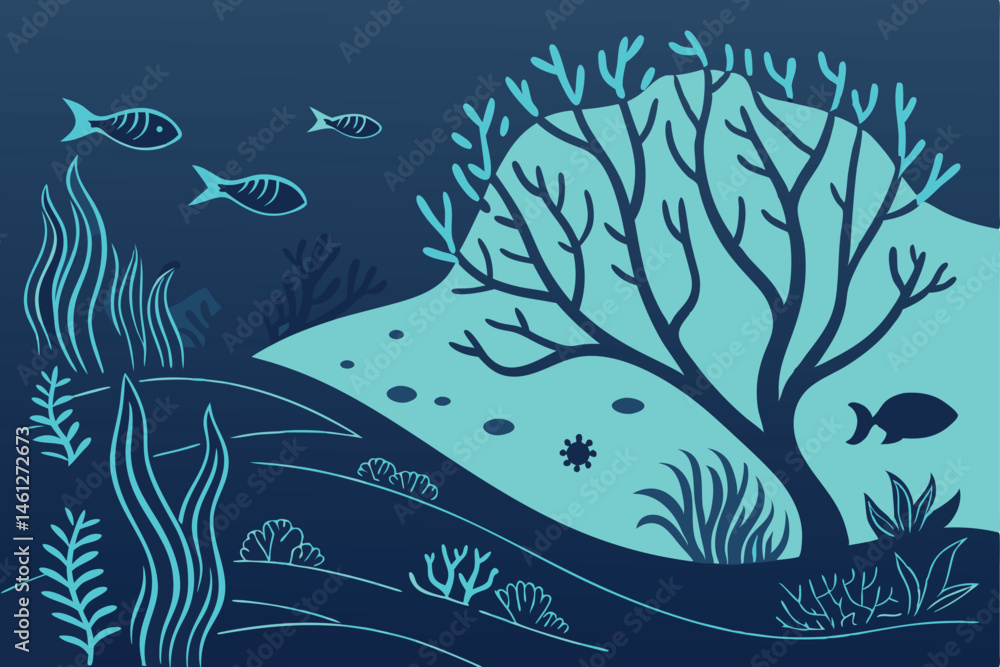55 Underwater scene, coral reef, stylized trees, neon blue colors, dark background, bioluminescent fish, layered waves, surreal landscape, digital art, minimalist design, ocean floor, aquatic vegetati 55 Underwater scene, coral reef, stylized trees, neon blue colors, dark background, bioluminescent fish, layered waves, surreal landscape, digital art, minimalist design, ocean floor, aquatic vegetati