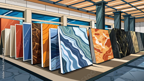 Polished slabs of granite and marble stone on display, countertops, flooring, wide
