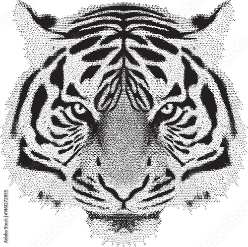 A stylized black and white tiger head is created using a pointillist technique.