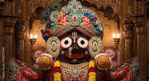 Ornate Jagannath Deity in Temple Setting