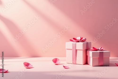 Delicate Pink Presents and Petals in Soft Sunlight on a Gentle Background