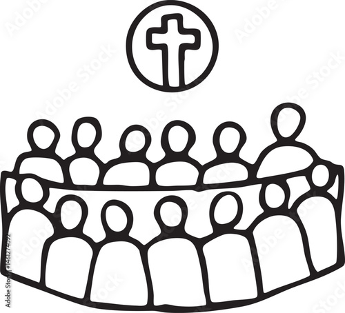 A diverse group of people gather around a table in a circular setting.