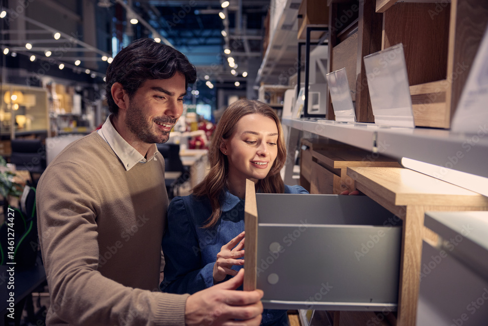 Couple explores various modern furniture options in stylish store highlighting unique designs