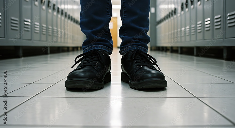 Fototapeta premium Black Shoes in School Locker Room Corridor