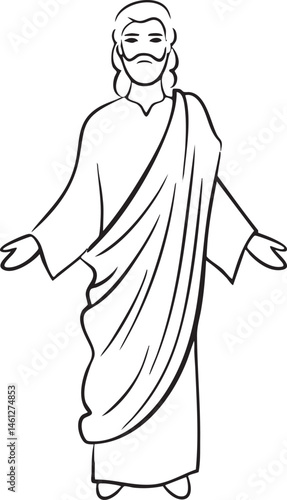A serene figure stands with arms outstretched embodying a sense of compassion and peace.