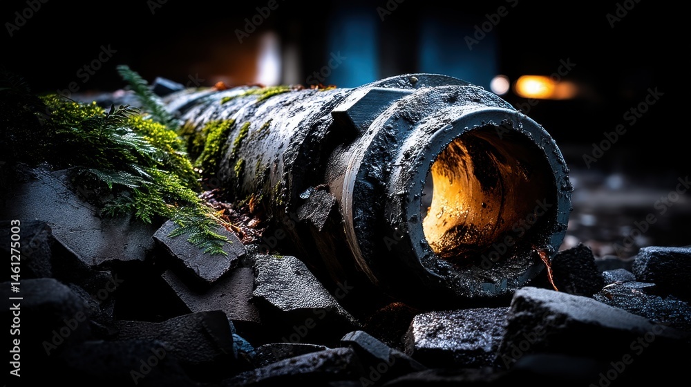 Obraz premium Large dark grey cylindrical pipe with glowing interior on rocky ground surrounded by green vegetation