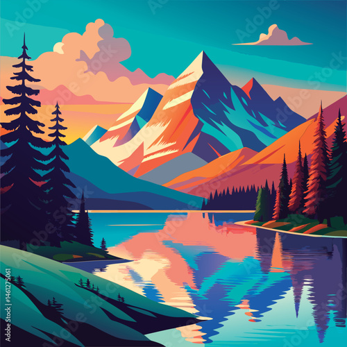Vector illustration of a Colorful mountain lake landscape.
