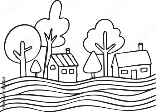 A simple black and white depicts a small house nestled amongst stylized trees on a rolling landscape.