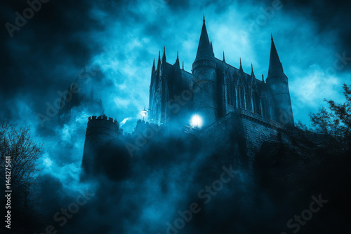 Wallpaper Mural haunted castle at night, shrouded in mist, creates eerie atmosphere with its towering spires and dark silhouette. glowing light adds mysterious allure to scene Torontodigital.ca
