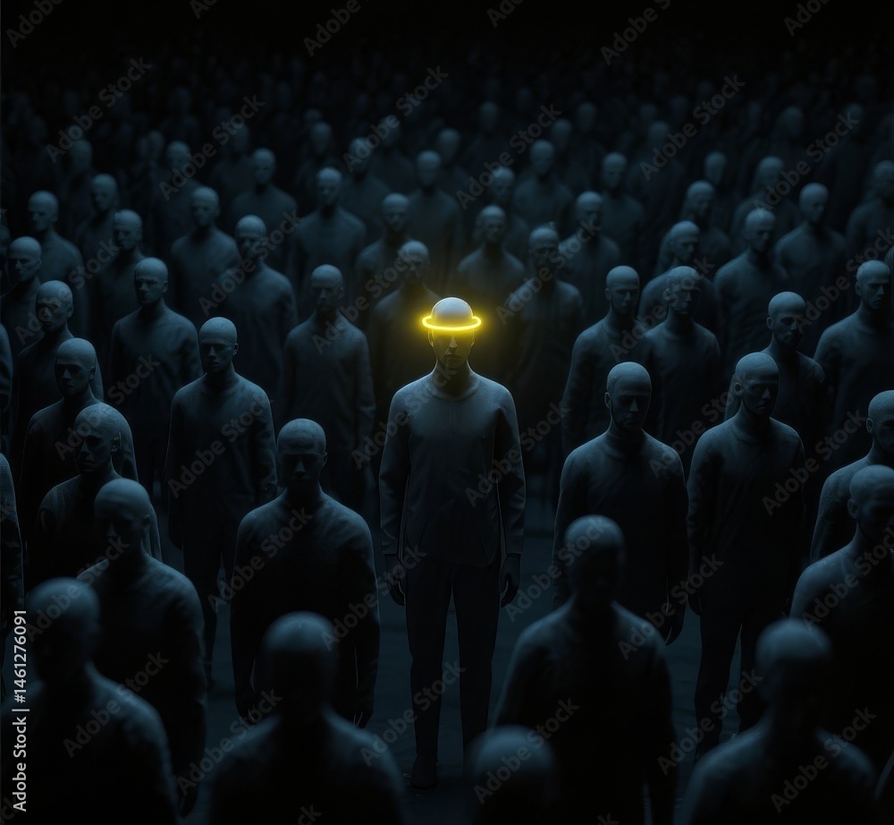 Obraz premium Crowd dark figures one figure glowing halo ring high angle perspective dark somber atmosphere individuality concept standing out uniqueness