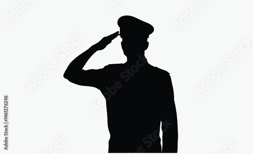 Soldier saluting silhouette, black and white, military salute figure, army man silhouette, soldier outline vector icon