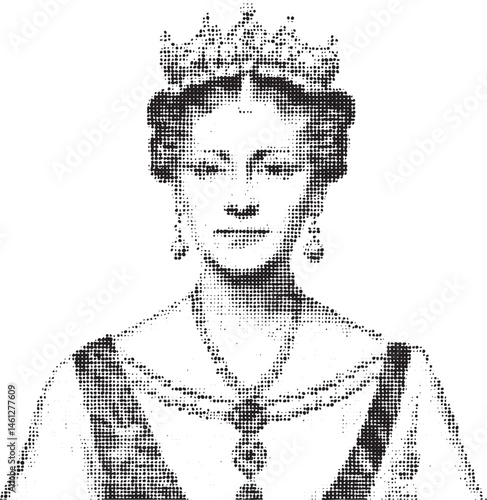 A woman wearing a crown and necklace gazes directly at the viewer.