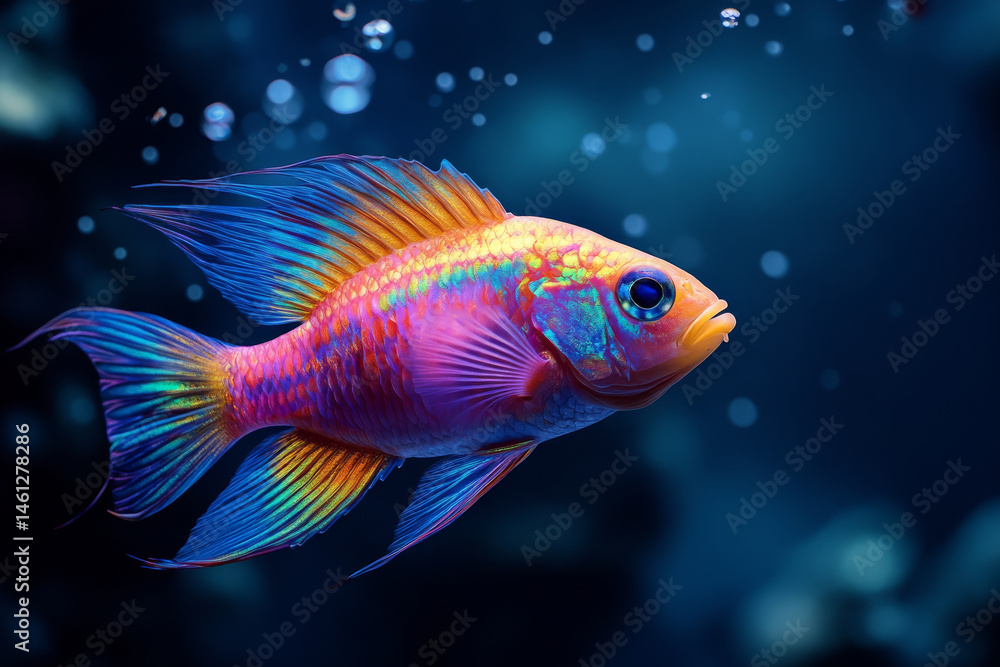 Fototapeta premium beautiful colorful fish with iridescent scales gracefully swims through water, surrounded by bubbles, showcasing its vibrant hues and delicate fins