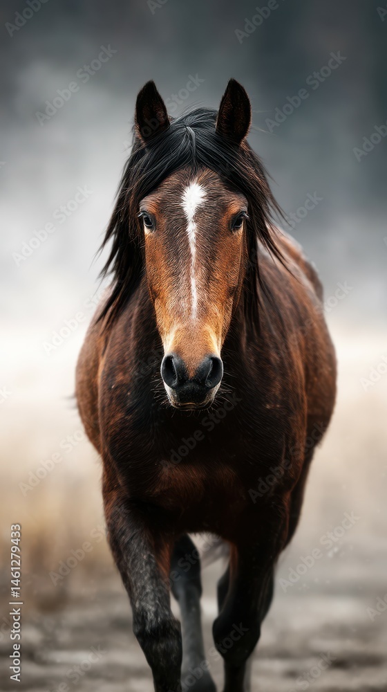 Fototapeta premium Brown horse running through misty field in soft morning light during early hours of dawn