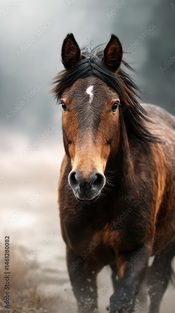 Majestic brown horse running through a foggy field at sunrise in early morning light Majestic brown horse running through a foggy field at sunrise in early morning light