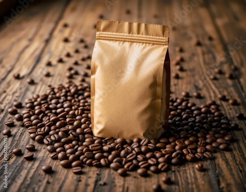 A light beige-brown paper coffee bean bag placed centrally among scattered roasted coffee beans on  rustic dark wooden table, showcasing various brown shades and natural textures in a cozy composition photo