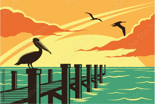 56 Sunset over calm ocean, silhouette of seagulls flying, large bird in foreground, wooden pier posts, vibrant orange and yellow sky, tranquil turquoise water, serene coastal scene, vector art style, 