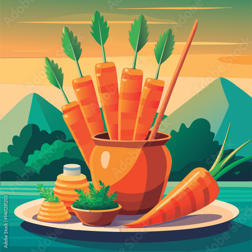 Colorful carrots in a terracotta pot.