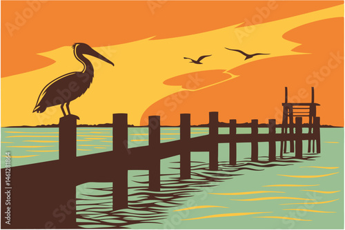 56 Sunset over calm ocean, silhouette of seagulls flying, large bird in foreground, wooden pier posts, vibrant orange and yellow sky, tranquil turquoise water, serene coastal scene, vector art style, 